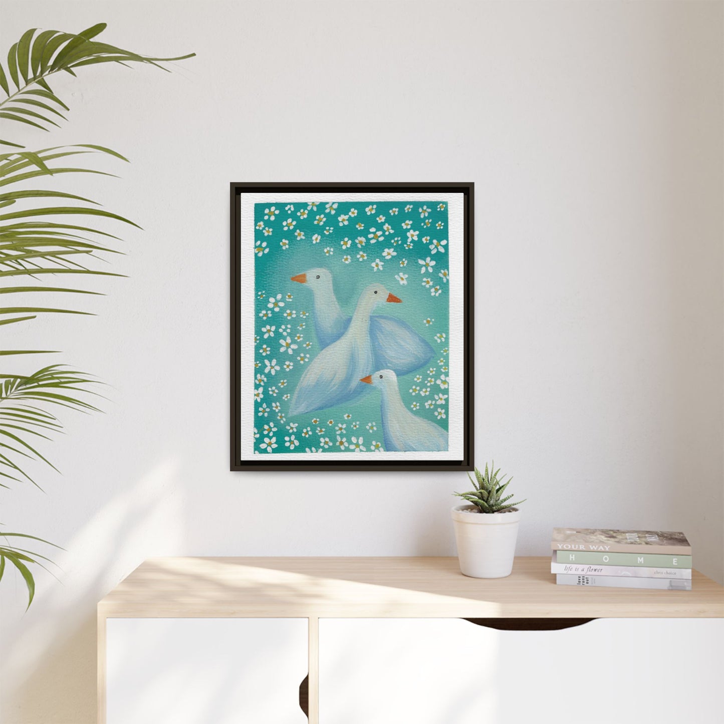 Framed Goose Canvas Print — Whimsical Floral Waterfowl Wall Art