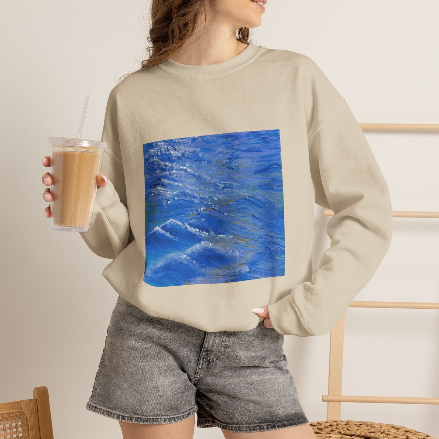 Ocean Waves Crewneck Sweatshirt — Blue Seascape Graphic Pullover