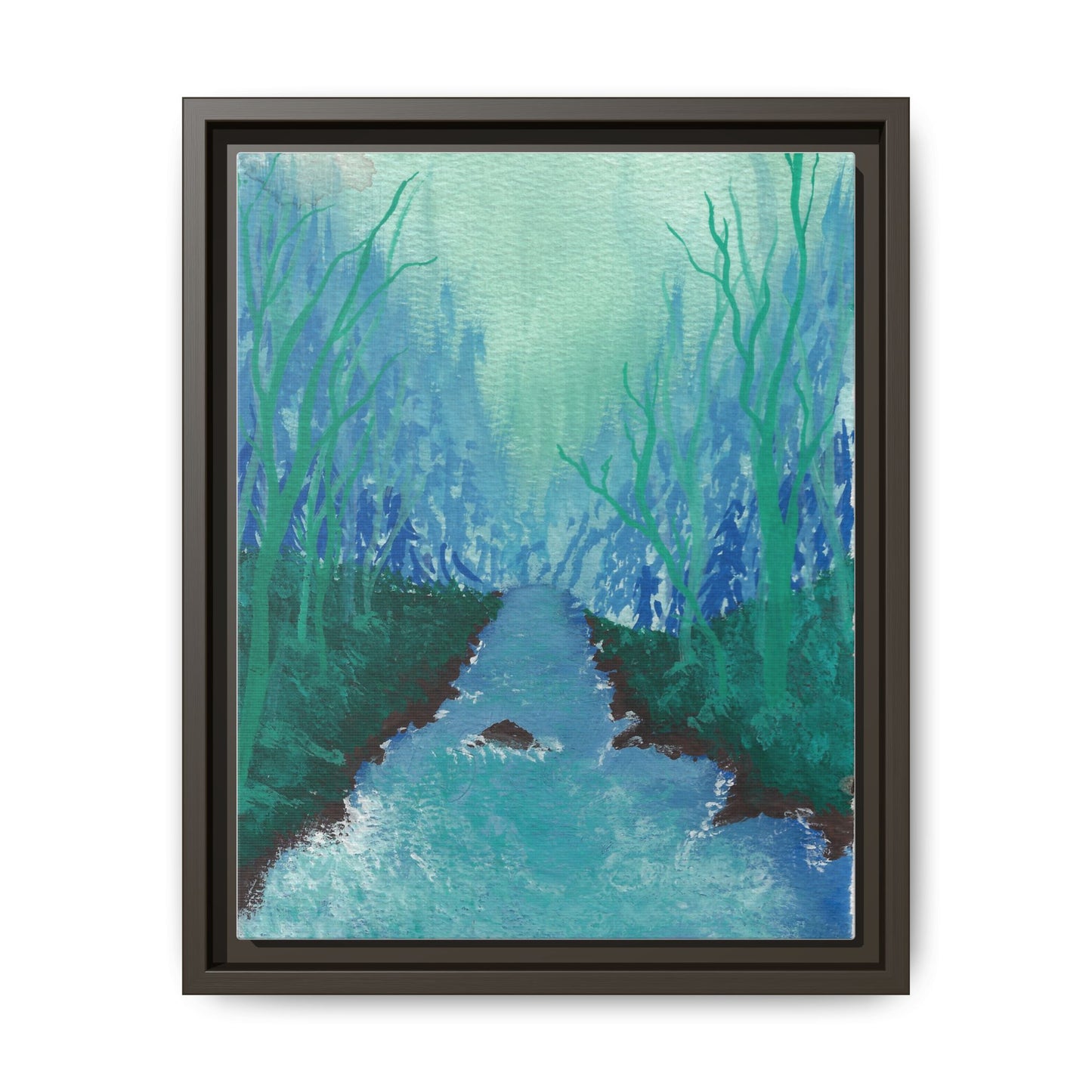 Framed Matte Canvas — Teal Forest River Landscape Wall Art