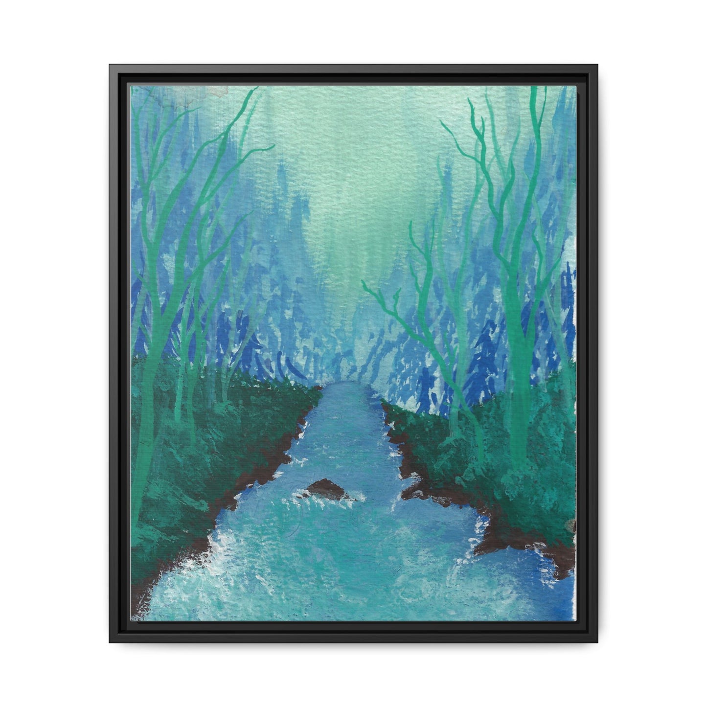 Framed Matte Canvas — Teal Forest River Landscape Wall Art