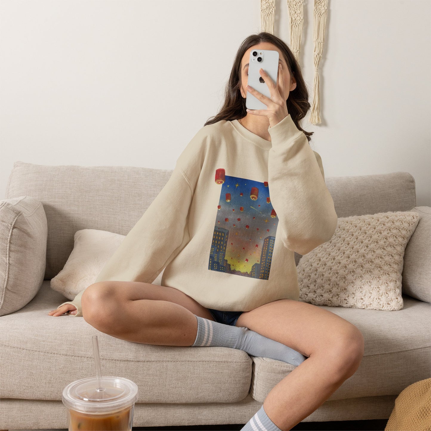 Lantern Festival Crewneck Sweatshirt — Sky of Floating Lanterns Graphic