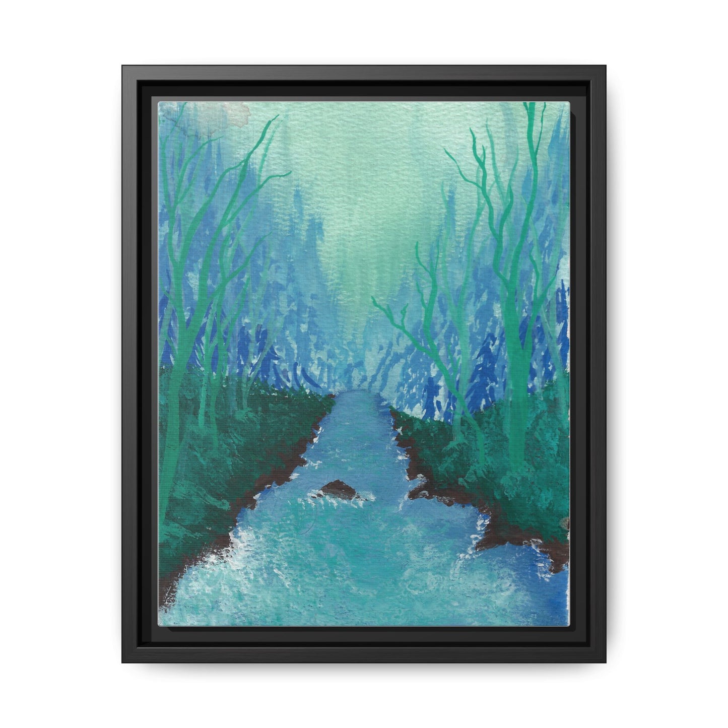 Framed Matte Canvas — Teal Forest River Landscape Wall Art