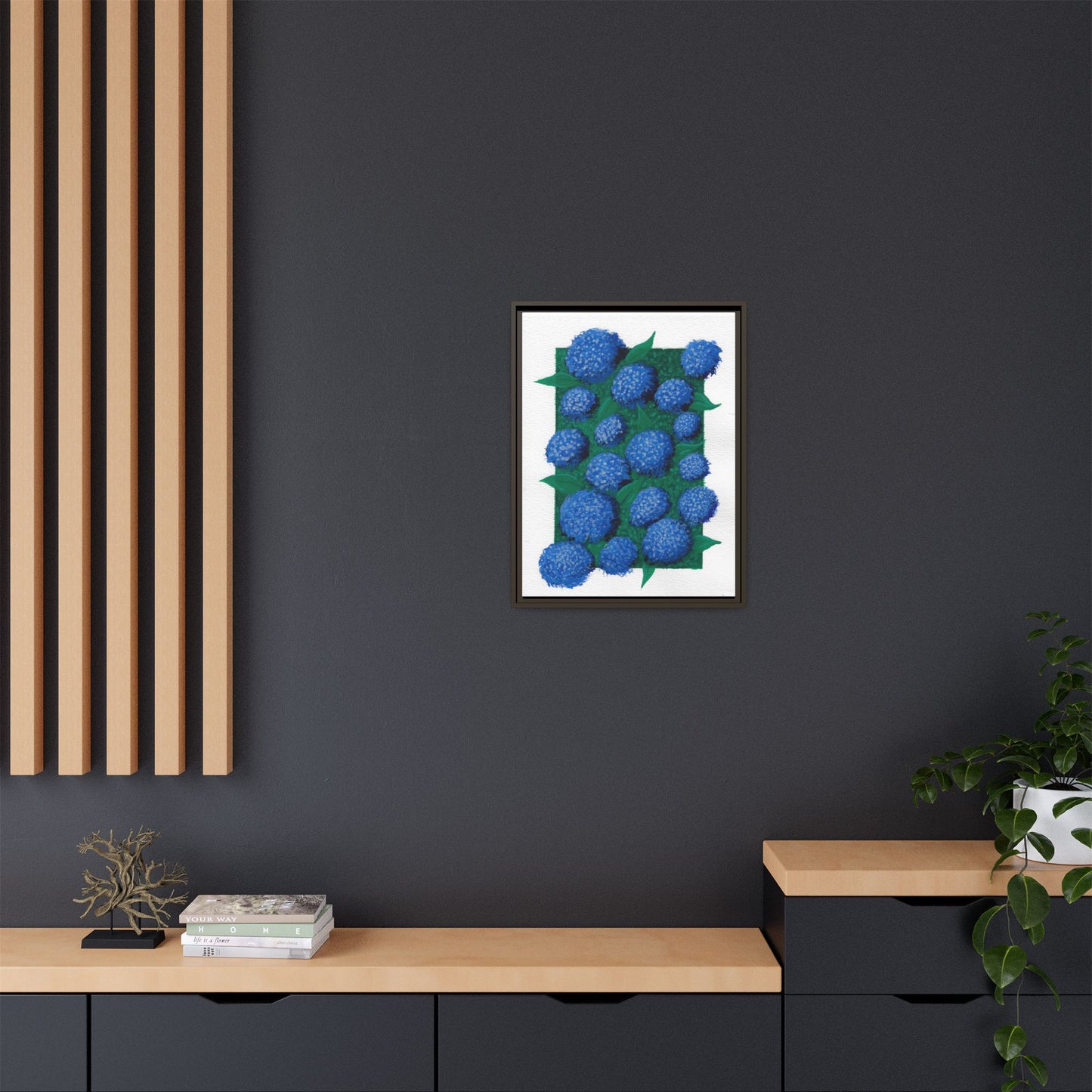 Framed Hydrangea Matte Canvas Print — Blue Floral Wall Art