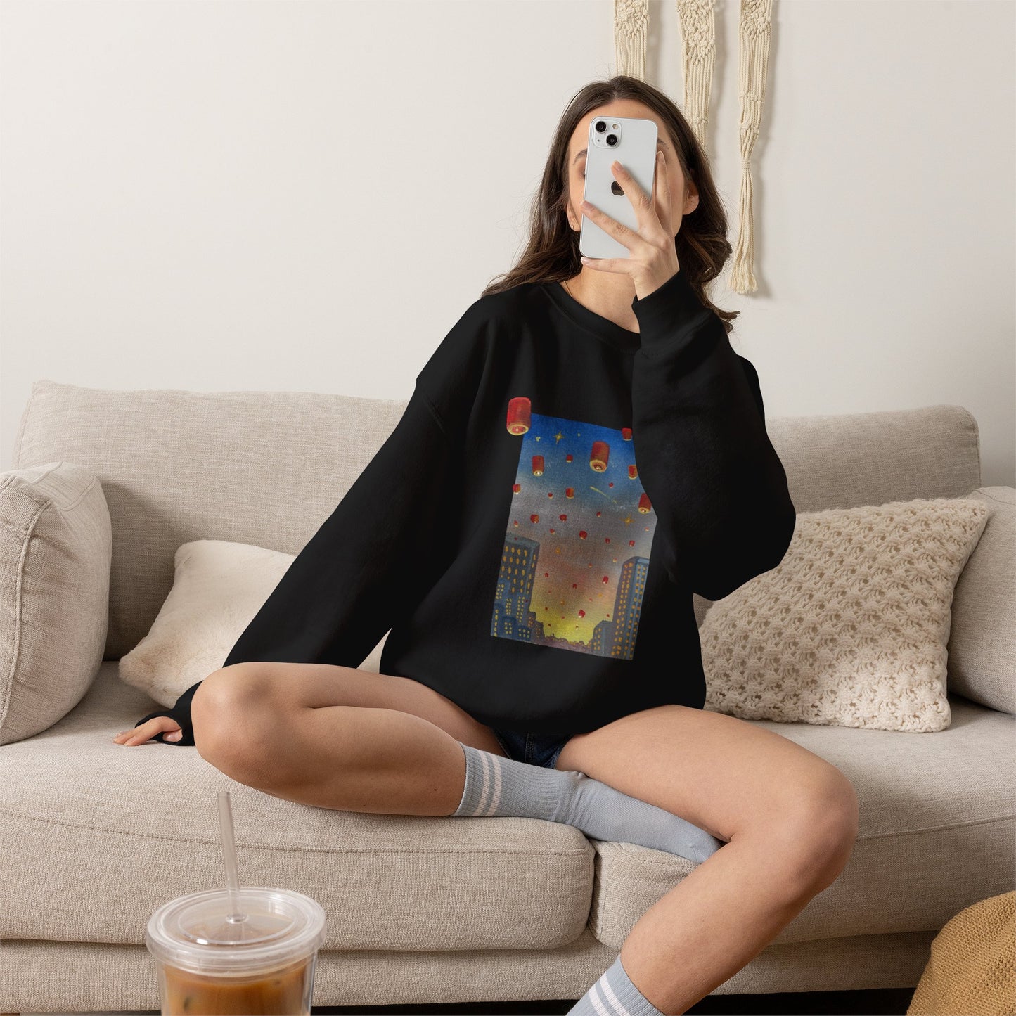 Lantern Festival Crewneck Sweatshirt — Sky of Floating Lanterns Graphic