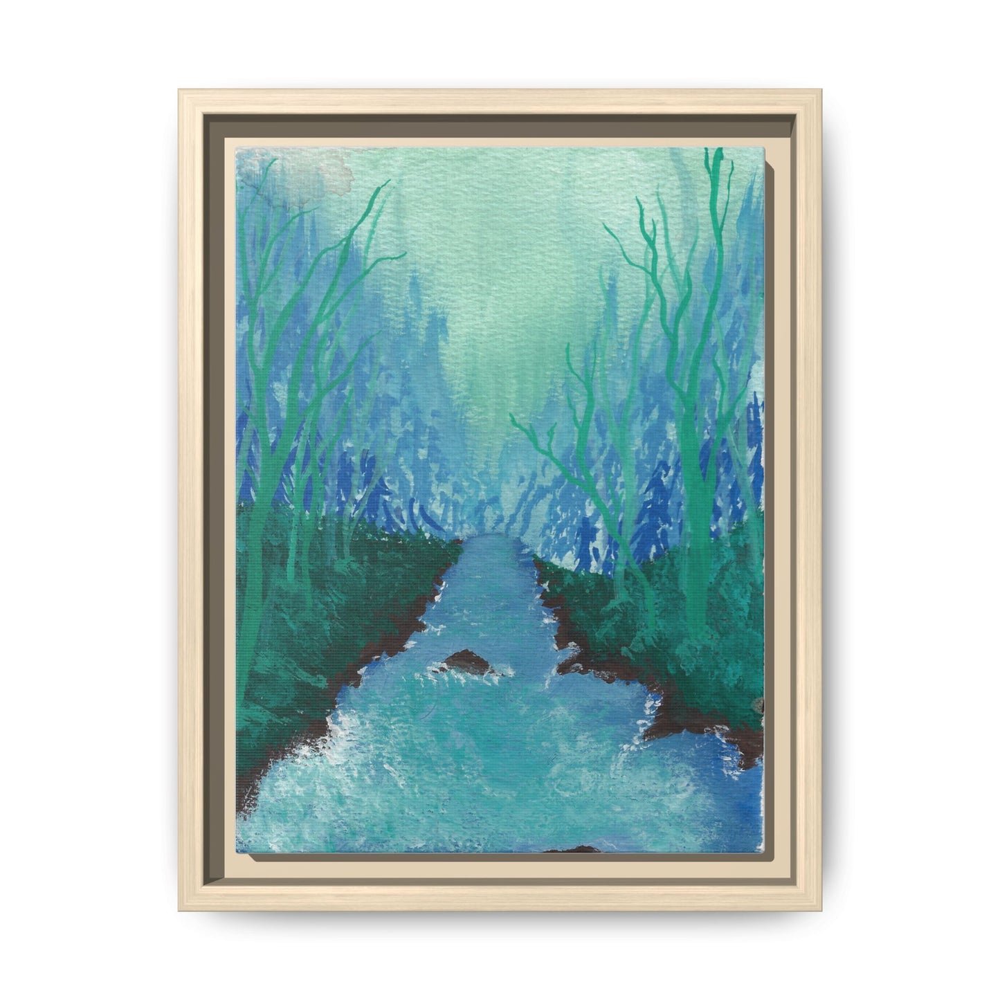 Framed Matte Canvas — Teal Forest River Landscape Wall Art