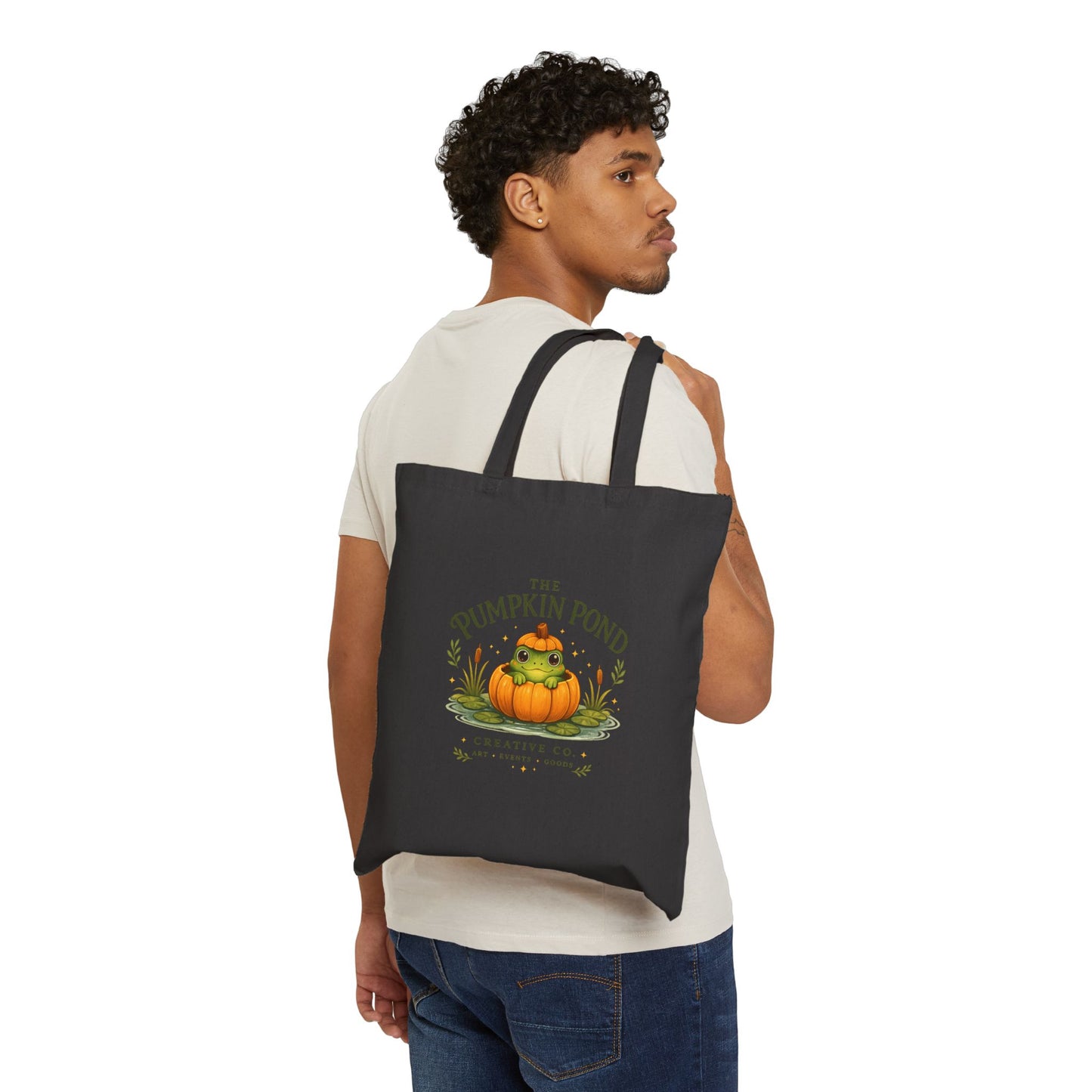 Pumpkin Pond Cotton Tote Bag — Cute Fall Pumpkin Frog Illustration