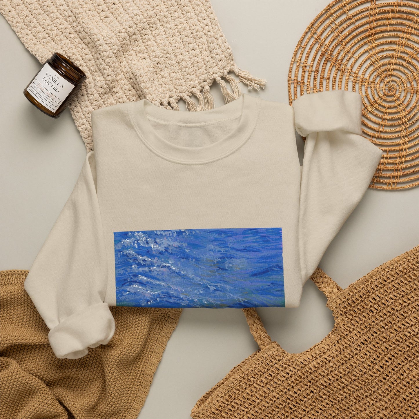 Ocean Waves Crewneck Sweatshirt — Blue Seascape Graphic Pullover