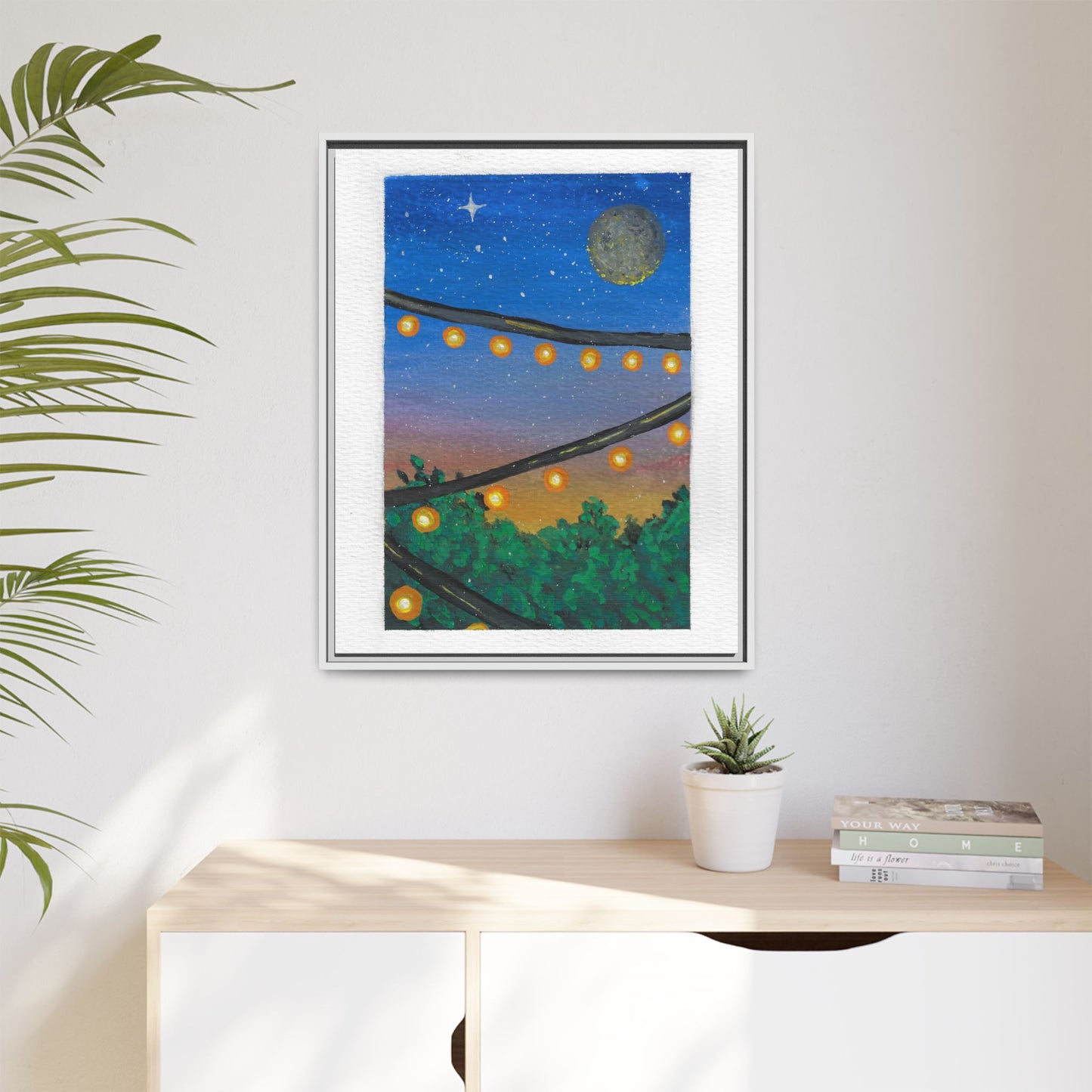 Framed Canvas Art - String Lights Night Sky Print