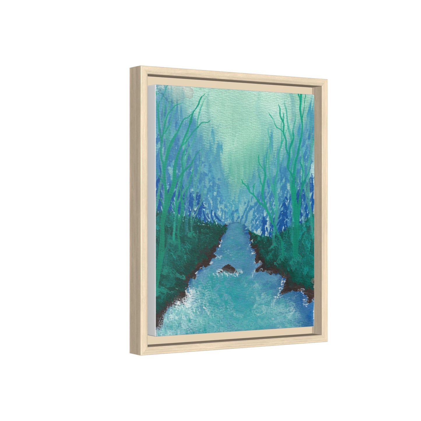 Framed Matte Canvas — Teal Forest River Landscape Wall Art