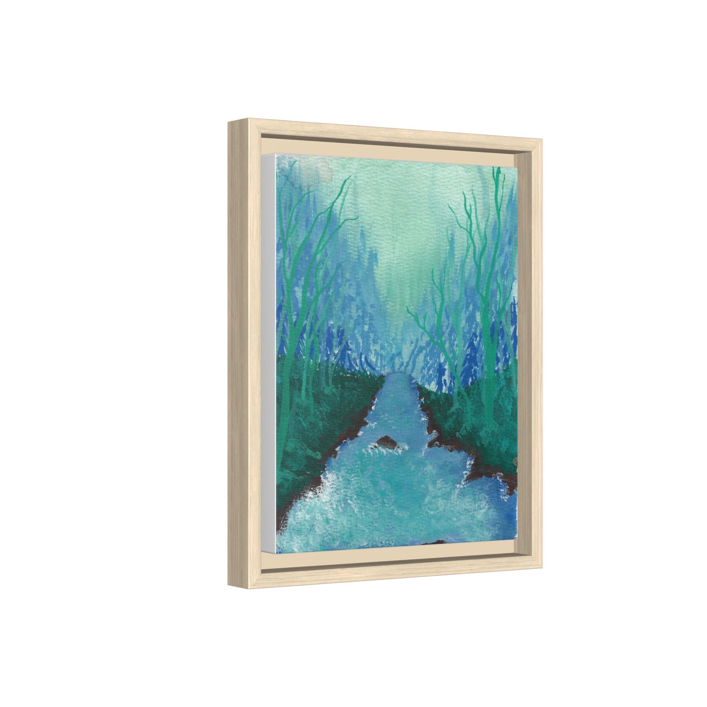 Framed Matte Canvas — Teal Forest River Landscape Wall Art