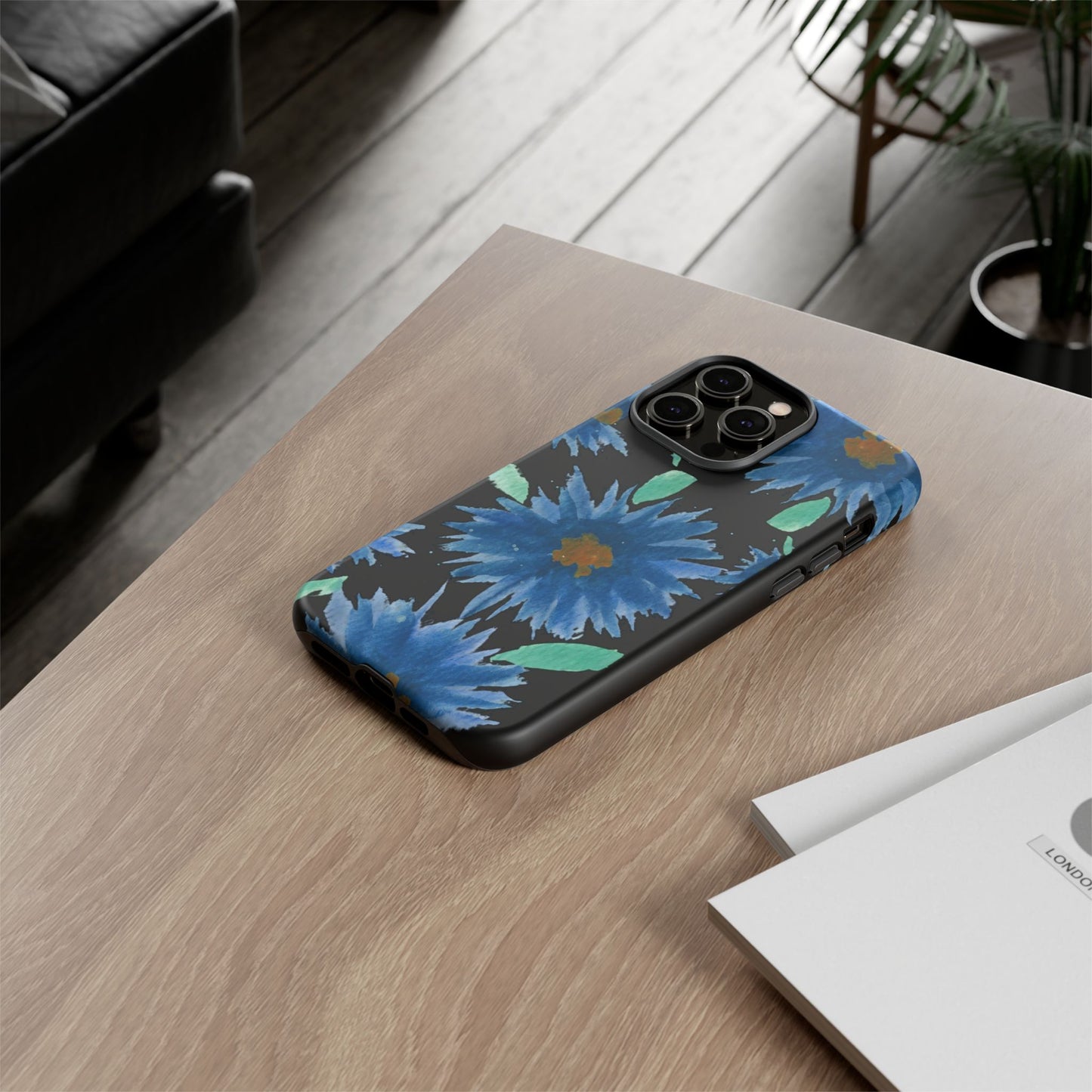 Blue Floral Tough Phone Case – Watercolor Daisy Protective Cover