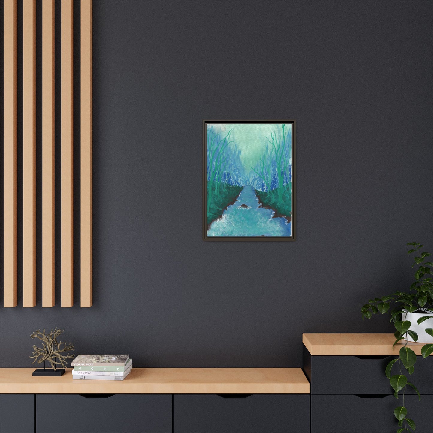Framed Matte Canvas — Teal Forest River Landscape Wall Art