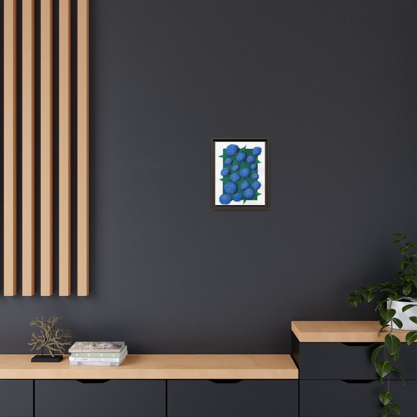 Framed Hydrangea Matte Canvas Print — Blue Floral Wall Art