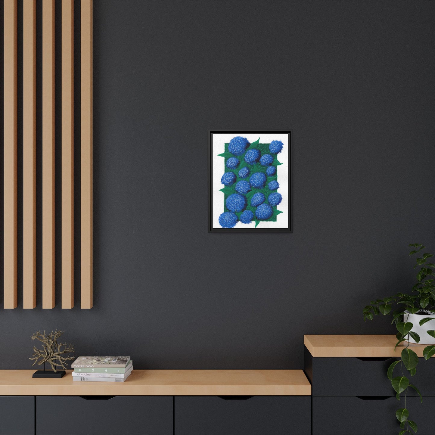 Framed Hydrangea Matte Canvas Print — Blue Floral Wall Art