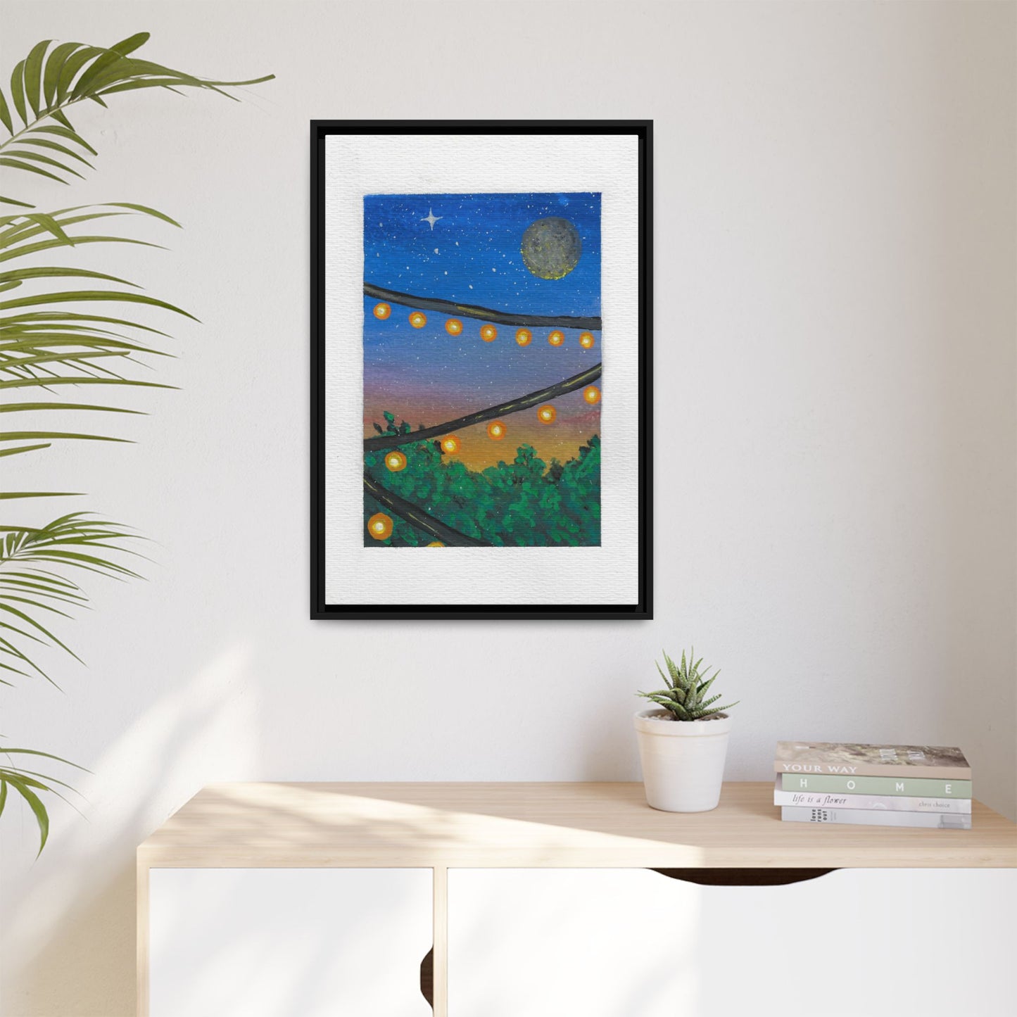 Framed Canvas Art - String Lights Night Sky Print