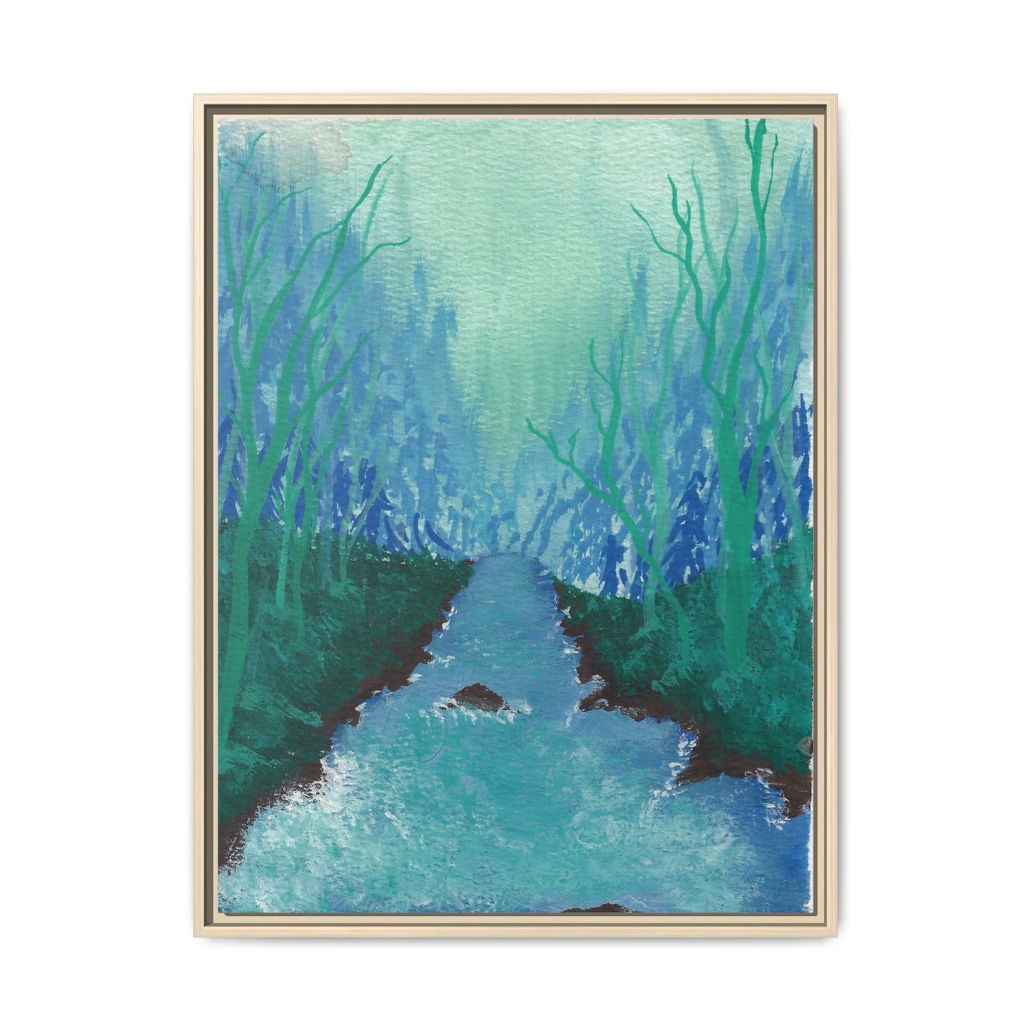 Framed Matte Canvas — Teal Forest River Landscape Wall Art