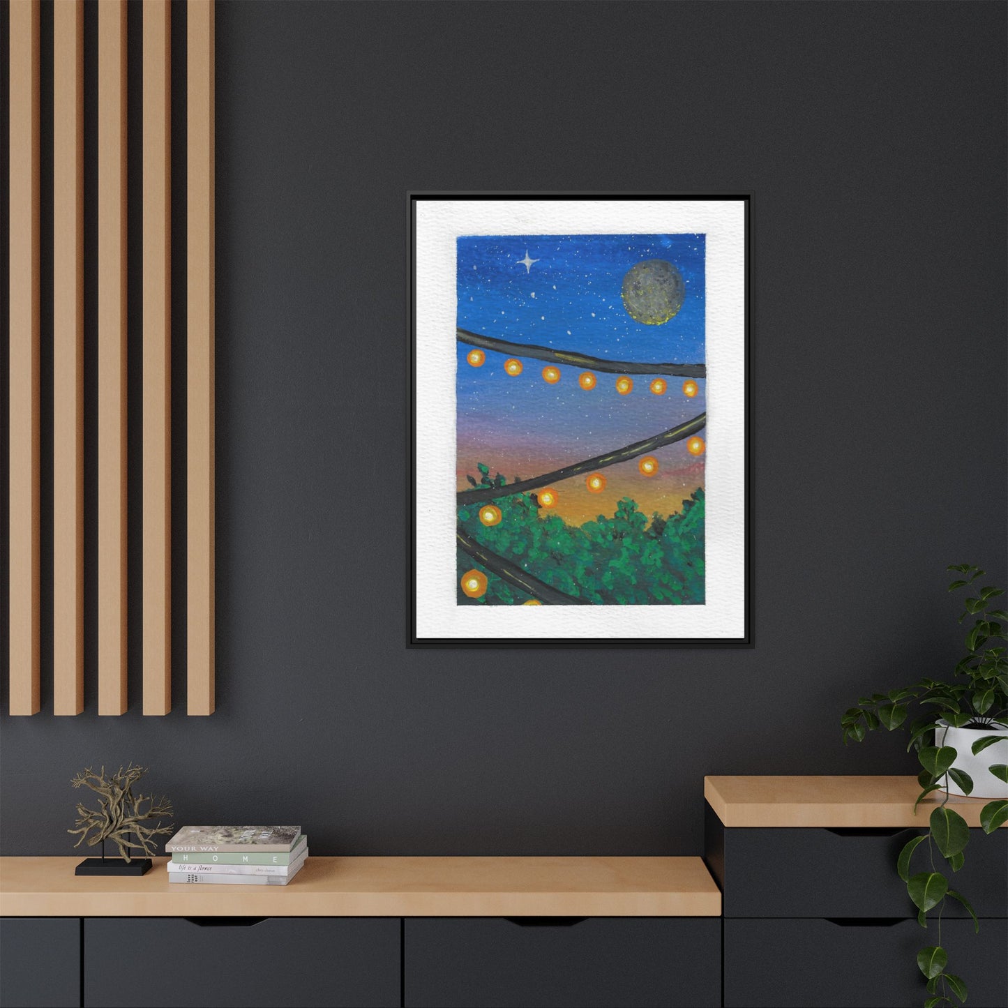 Framed Canvas Art - String Lights Night Sky Print