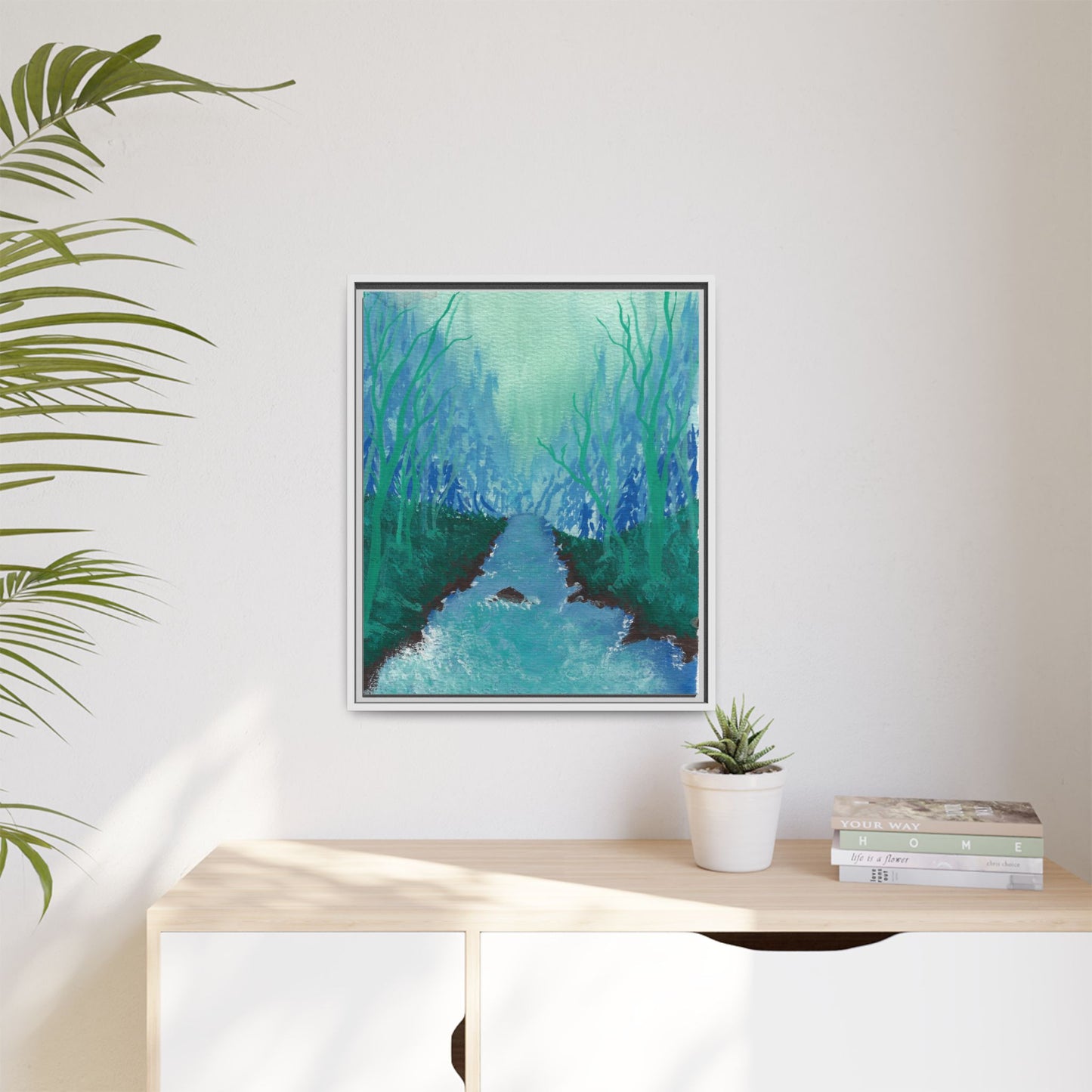 Framed Matte Canvas — Teal Forest River Landscape Wall Art