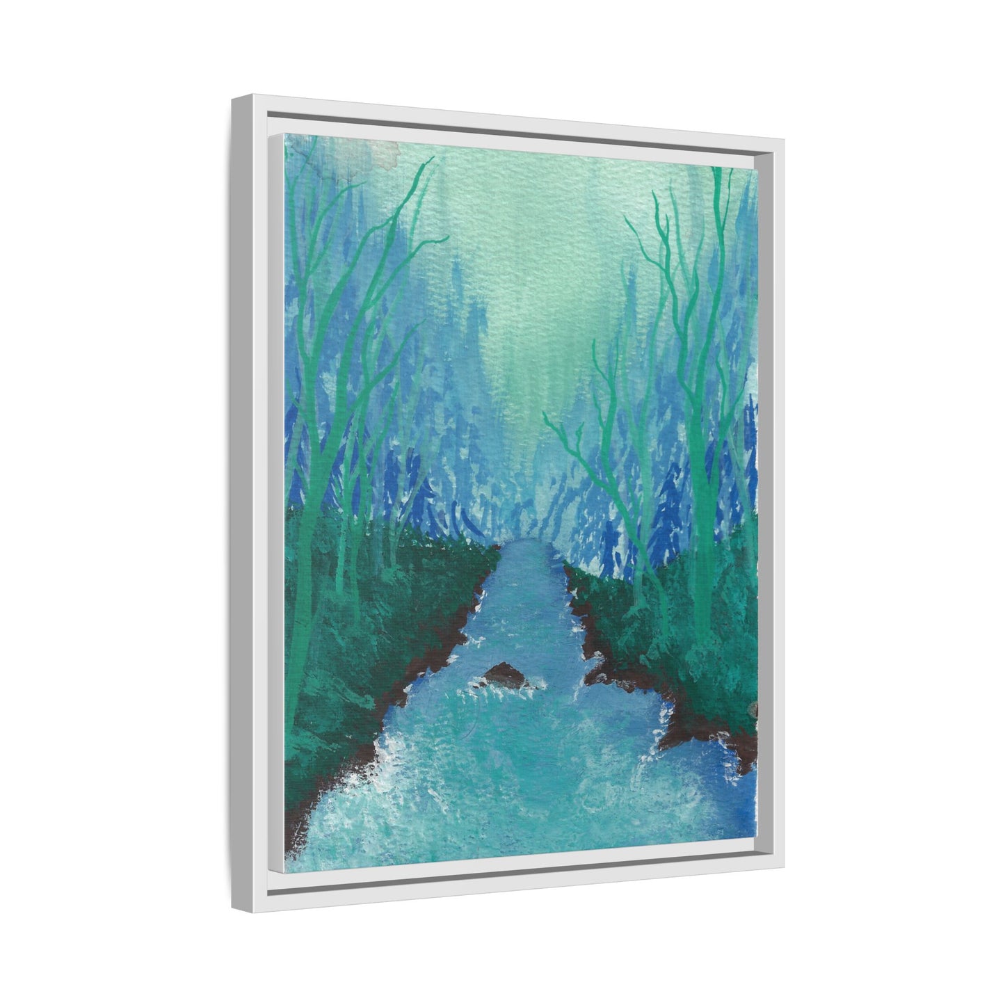 Framed Matte Canvas — Teal Forest River Landscape Wall Art
