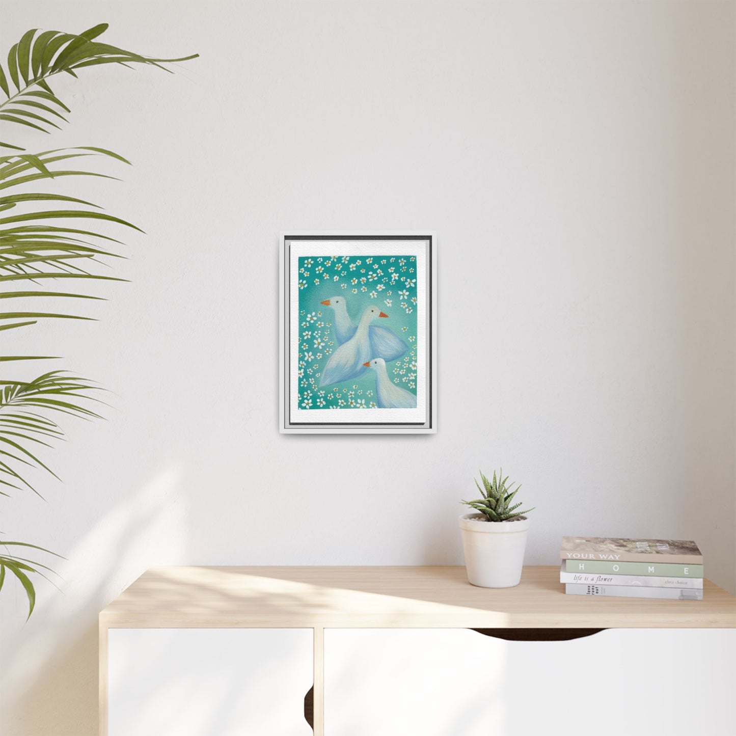 Framed Goose Canvas Print — Whimsical Floral Waterfowl Wall Art