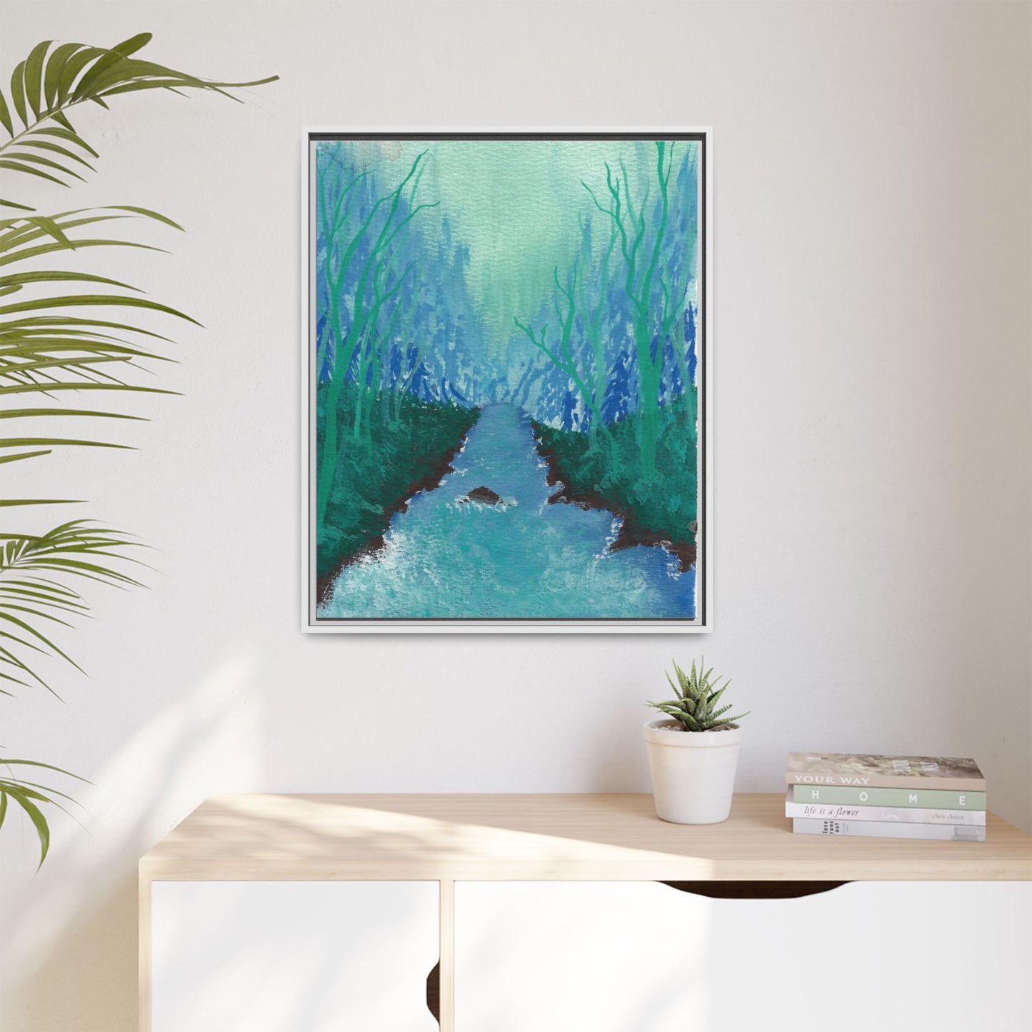 Framed Matte Canvas — Teal Forest River Landscape Wall Art