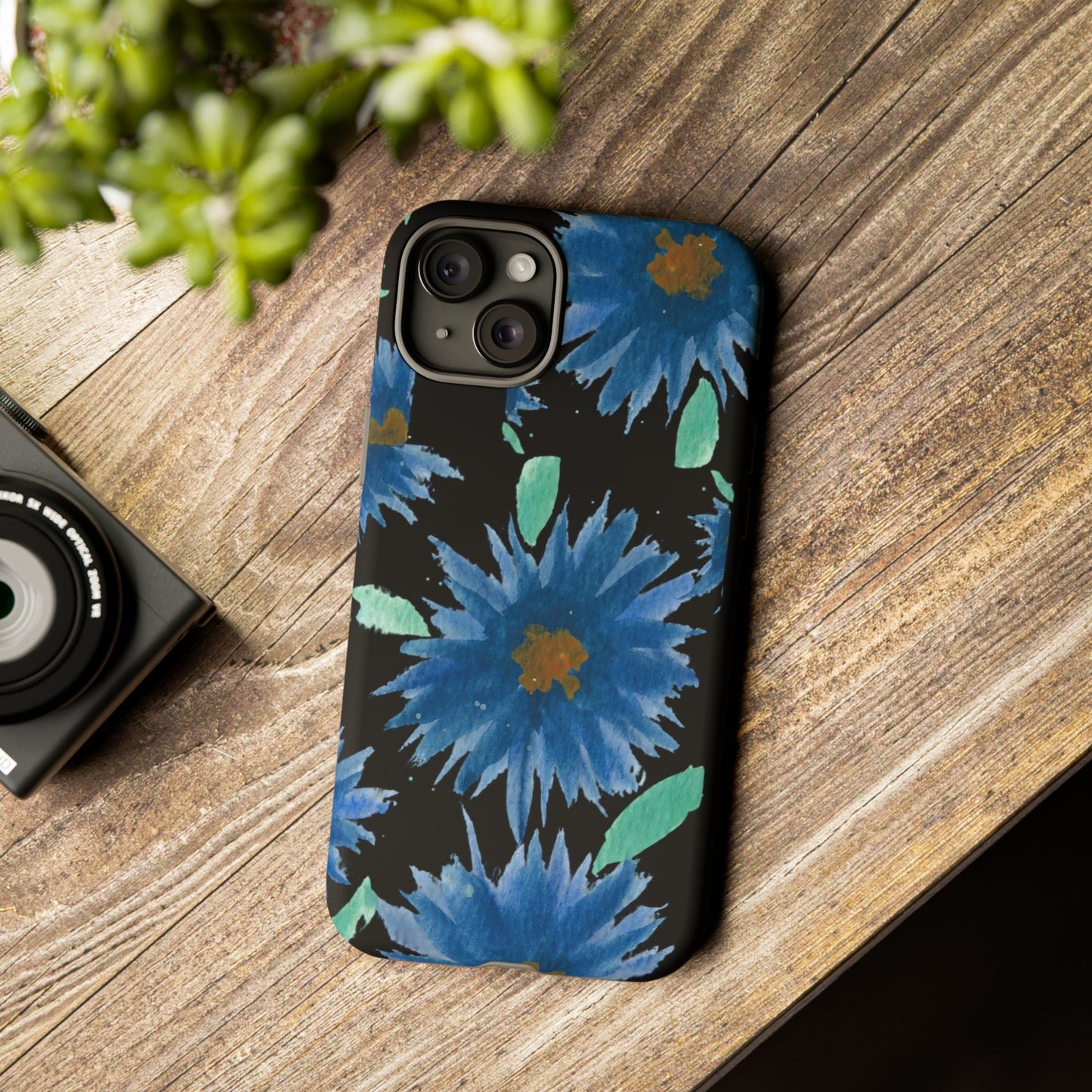 Blue Floral Tough Phone Case – Watercolor Daisy Protective Cover