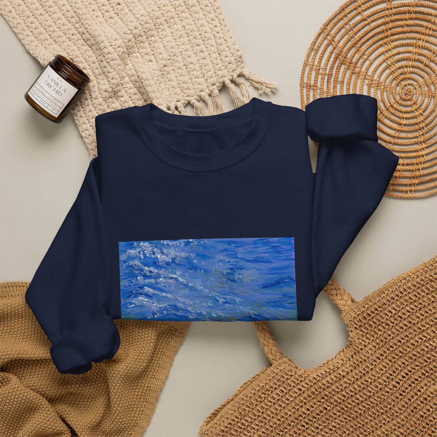 Ocean Waves Crewneck Sweatshirt — Blue Seascape Graphic Pullover