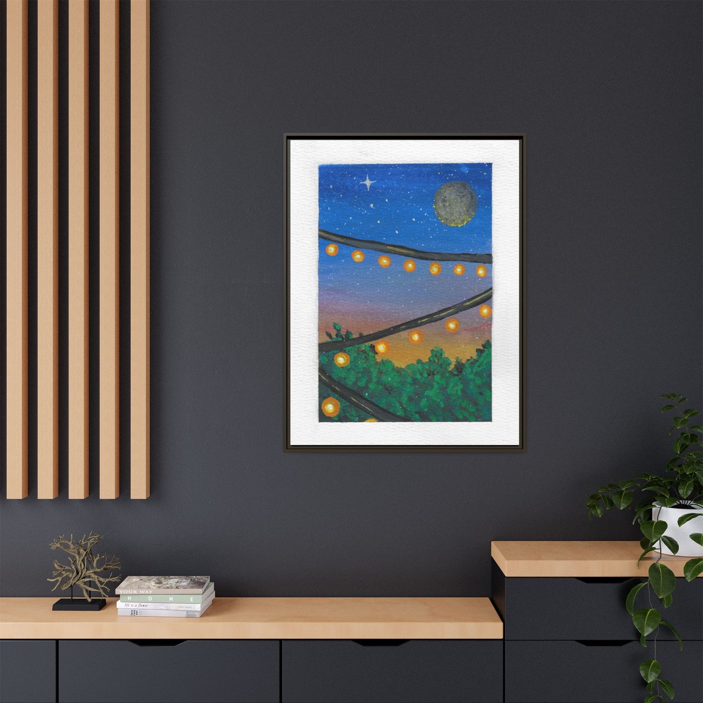 Framed Canvas Art - String Lights Night Sky Print