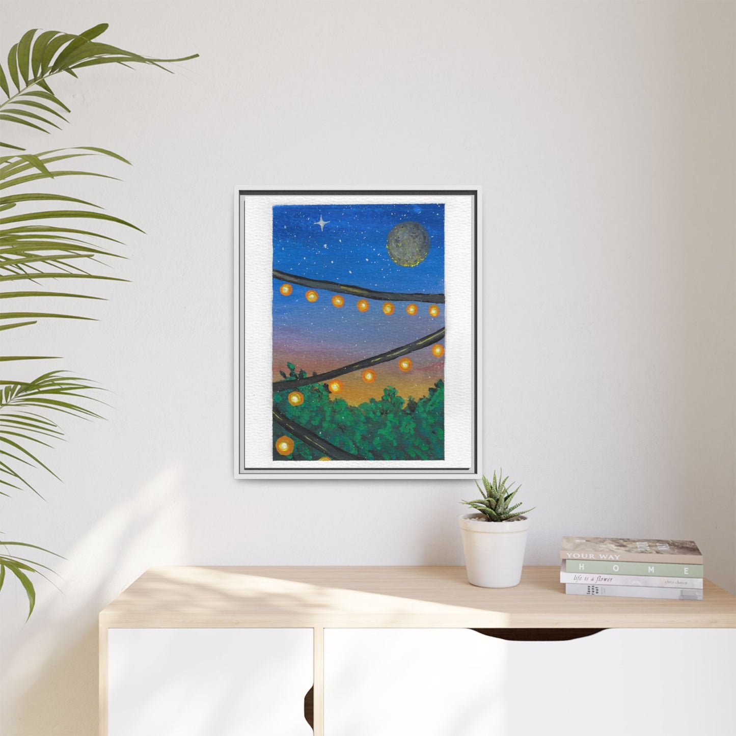 Framed Canvas Art - String Lights Night Sky Print