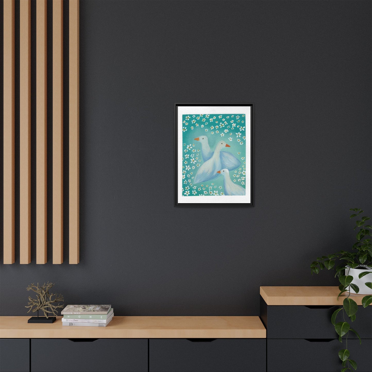 Framed Goose Canvas Print — Whimsical Floral Waterfowl Wall Art