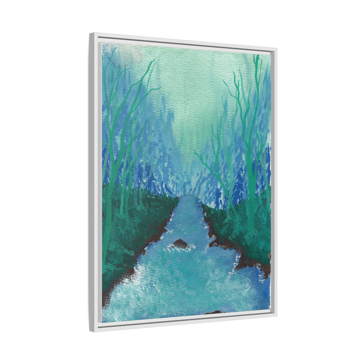 Framed Matte Canvas — Teal Forest River Landscape Wall Art