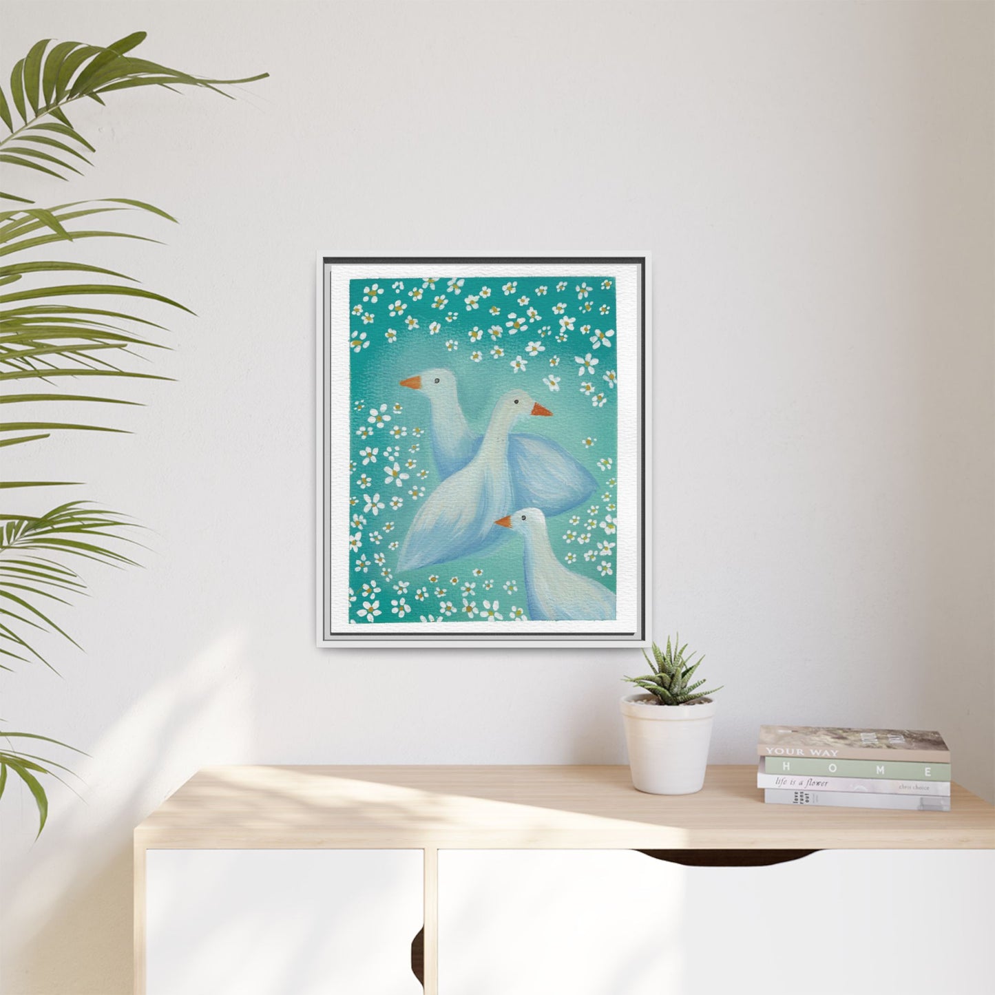 Framed Goose Canvas Print — Whimsical Floral Waterfowl Wall Art