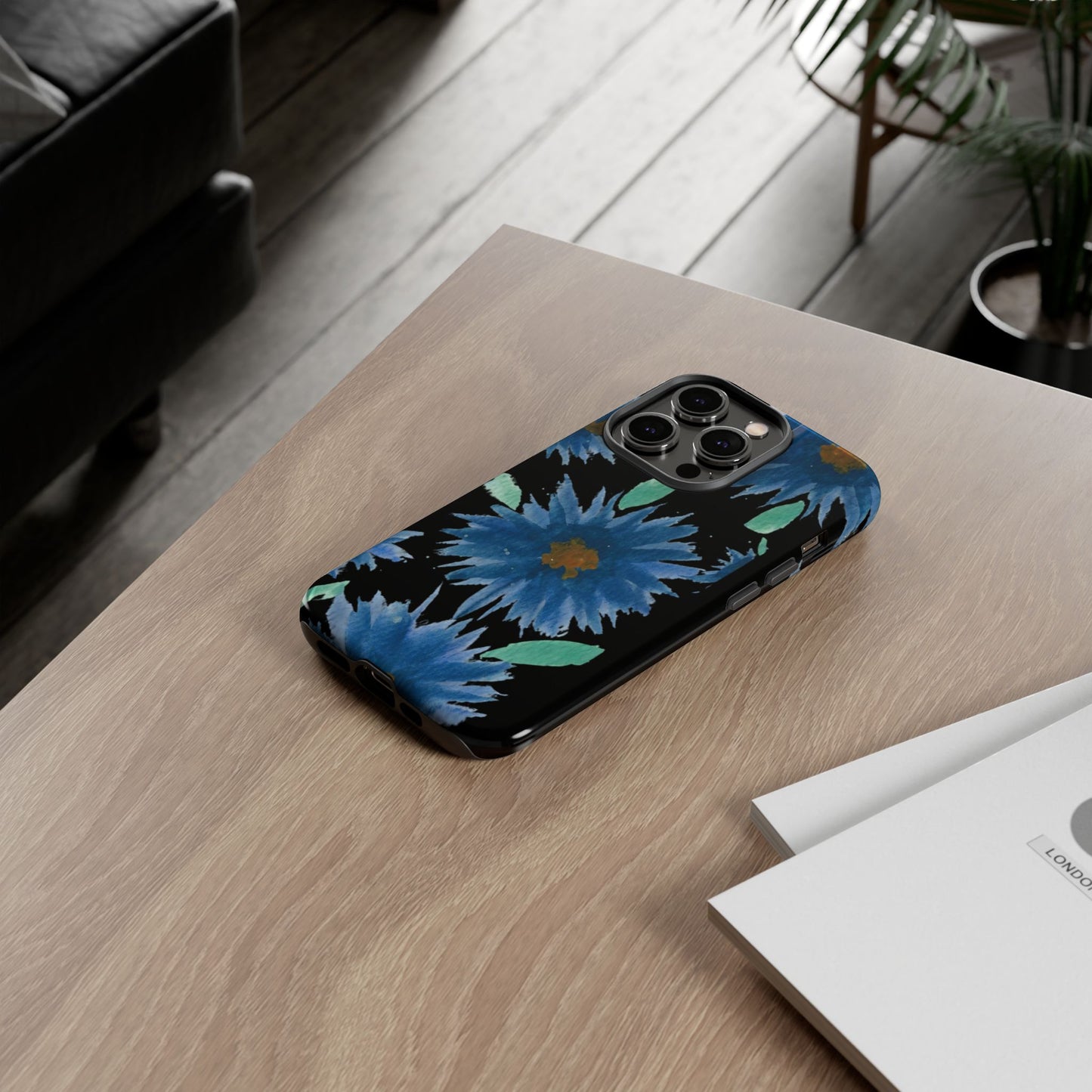 Blue Floral Tough Phone Case – Watercolor Daisy Protective Cover