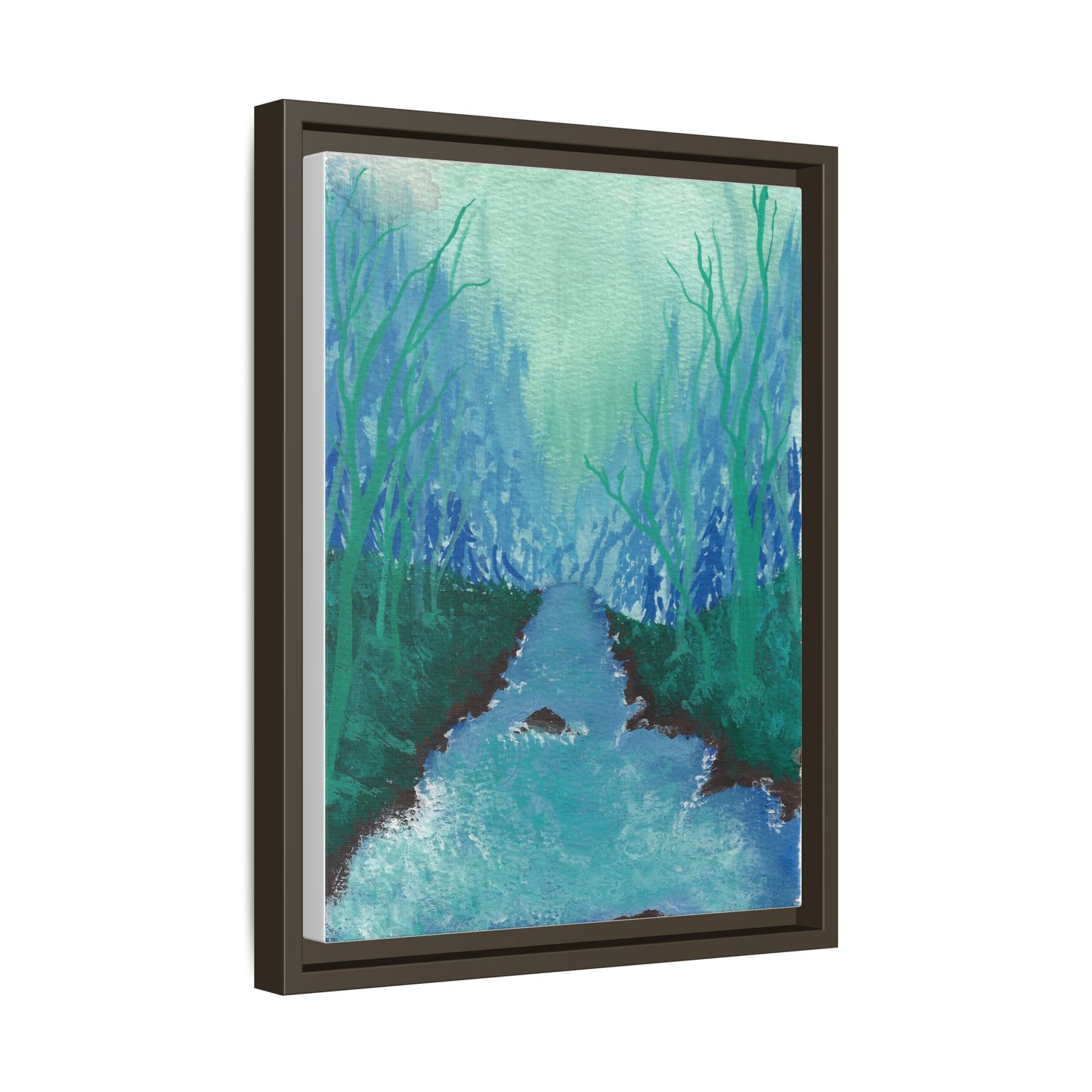 Framed Matte Canvas — Teal Forest River Landscape Wall Art