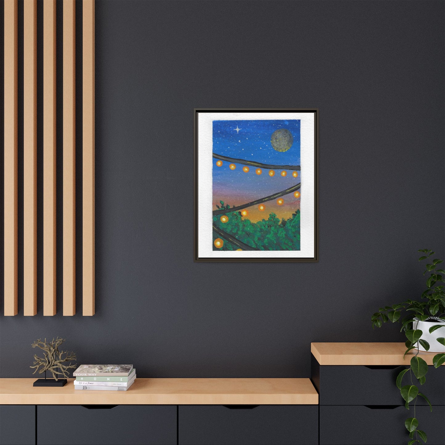 Framed Canvas Art - String Lights Night Sky Print
