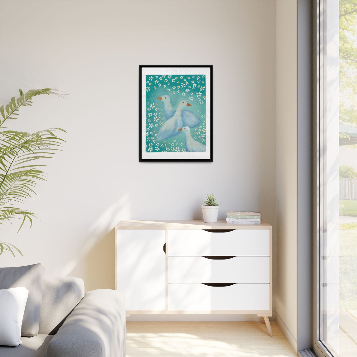 Framed Goose Canvas Print — Whimsical Floral Waterfowl Wall Art