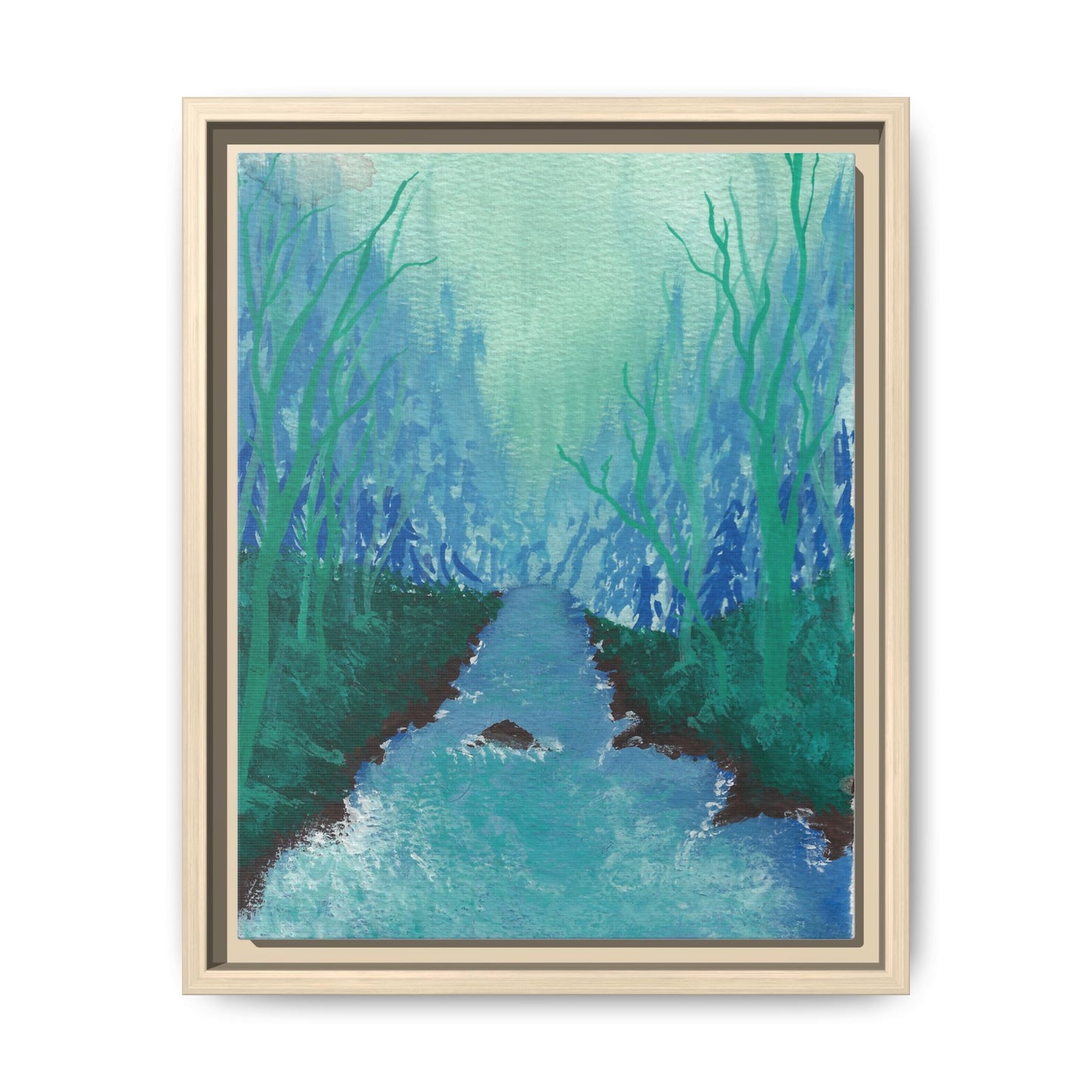 Framed Matte Canvas — Teal Forest River Landscape Wall Art