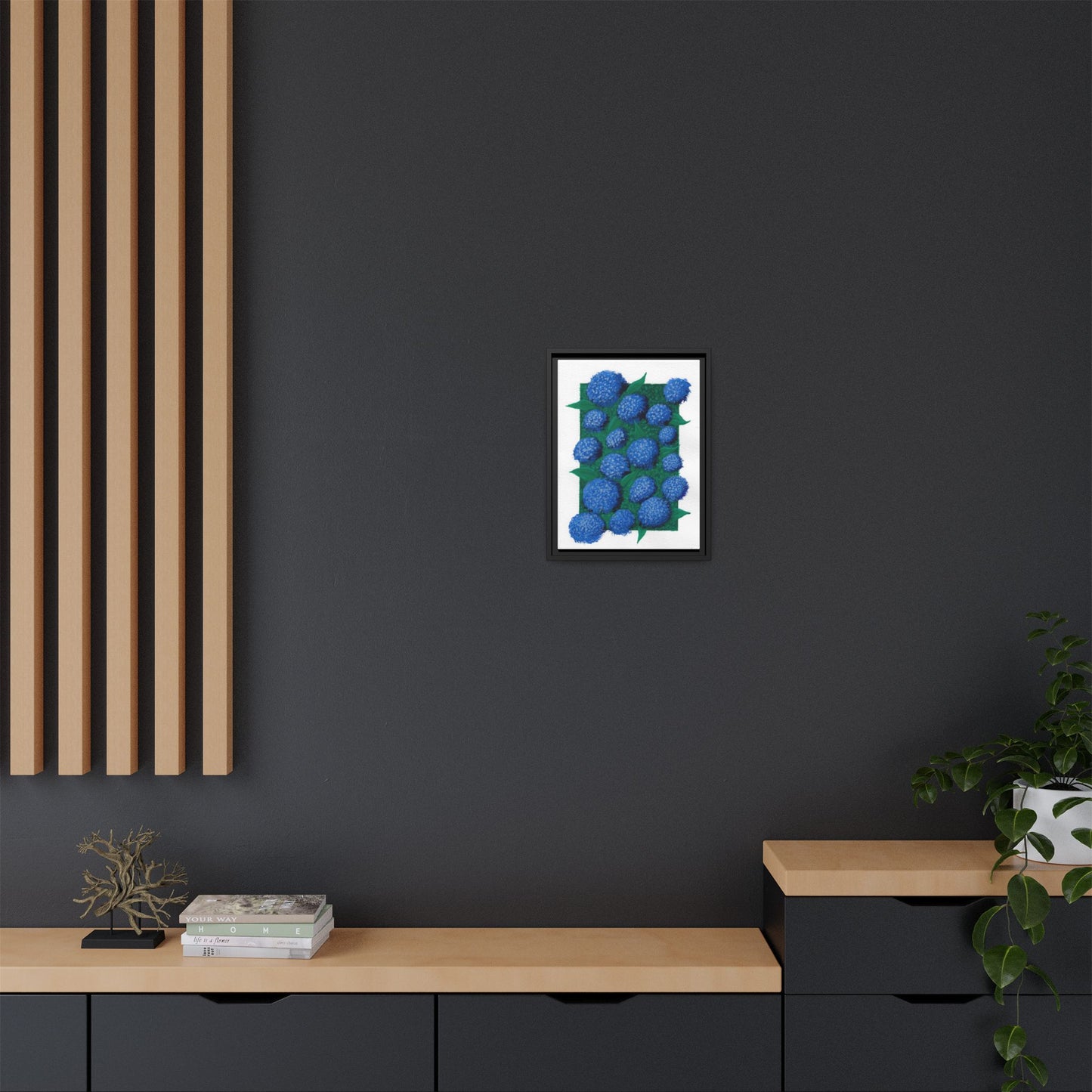 Framed Hydrangea Matte Canvas Print — Blue Floral Wall Art