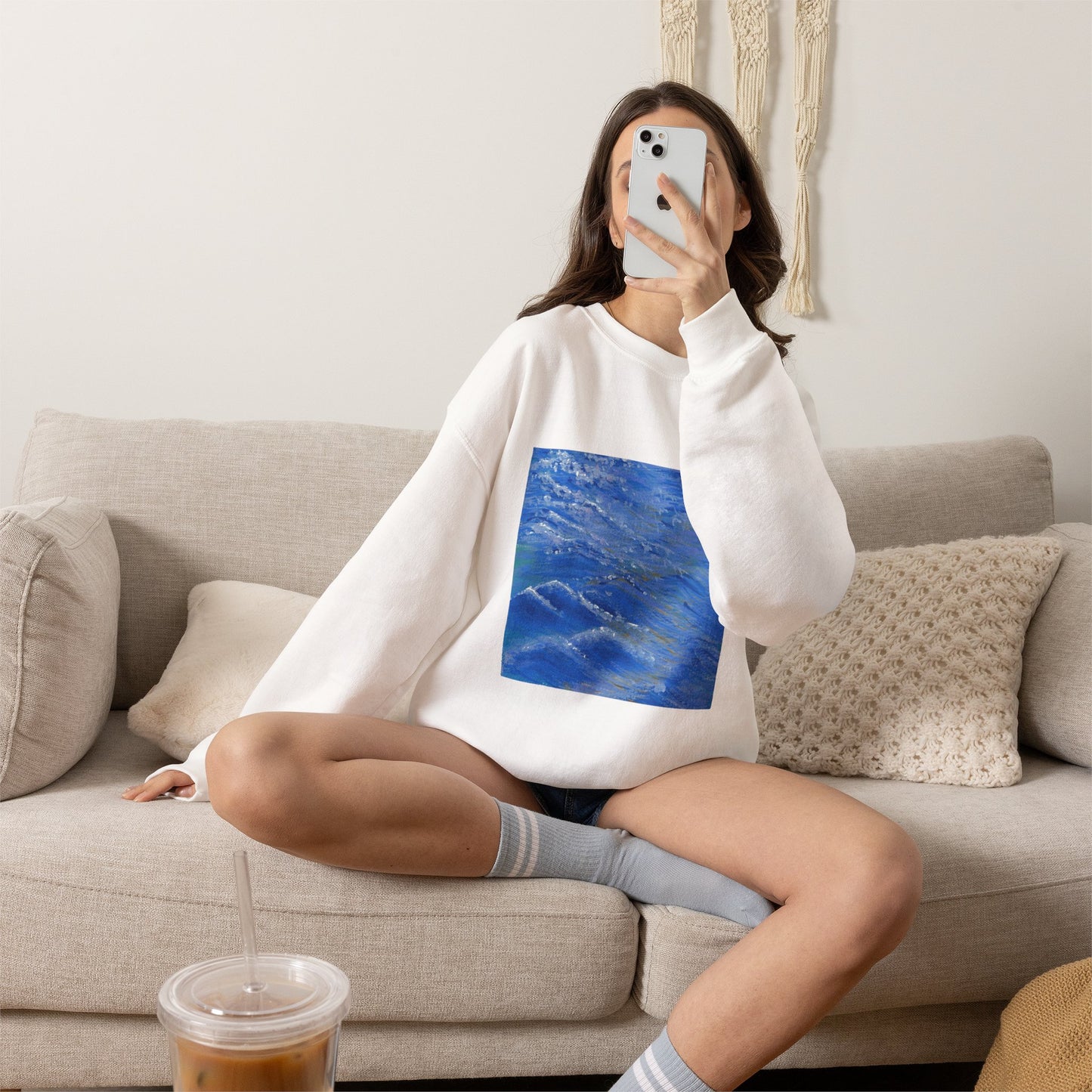 Ocean Waves Crewneck Sweatshirt — Blue Seascape Graphic Pullover
