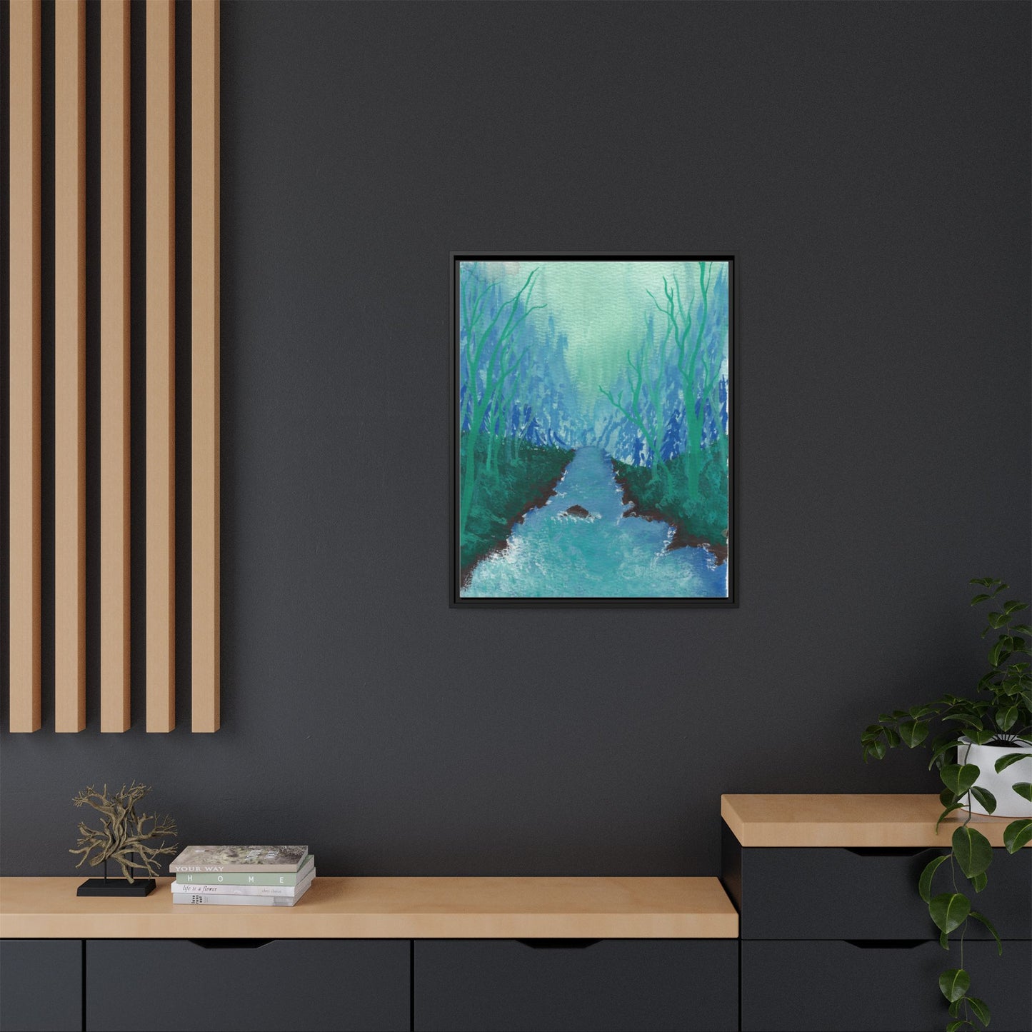 Framed Matte Canvas — Teal Forest River Landscape Wall Art