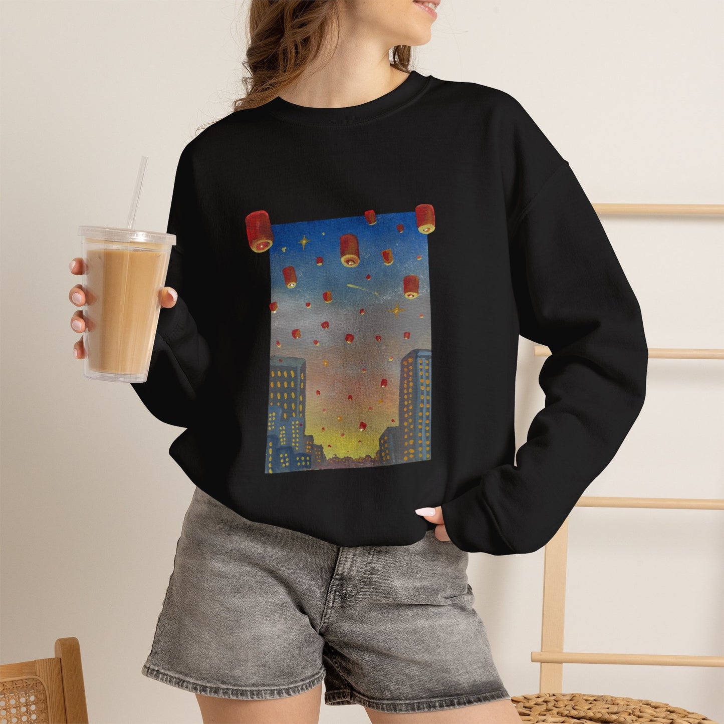 Lantern Festival Crewneck Sweatshirt — Sky of Floating Lanterns Graphic