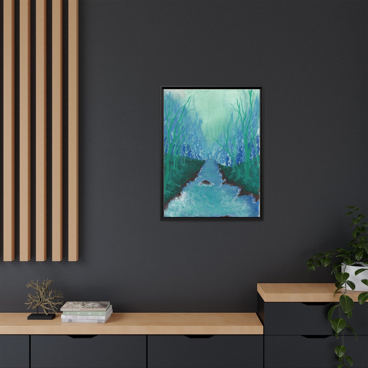 Framed Matte Canvas — Teal Forest River Landscape Wall Art