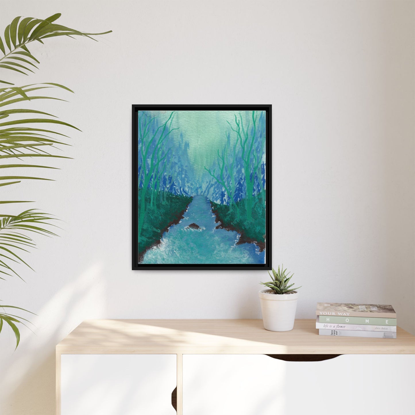 Framed Matte Canvas — Teal Forest River Landscape Wall Art