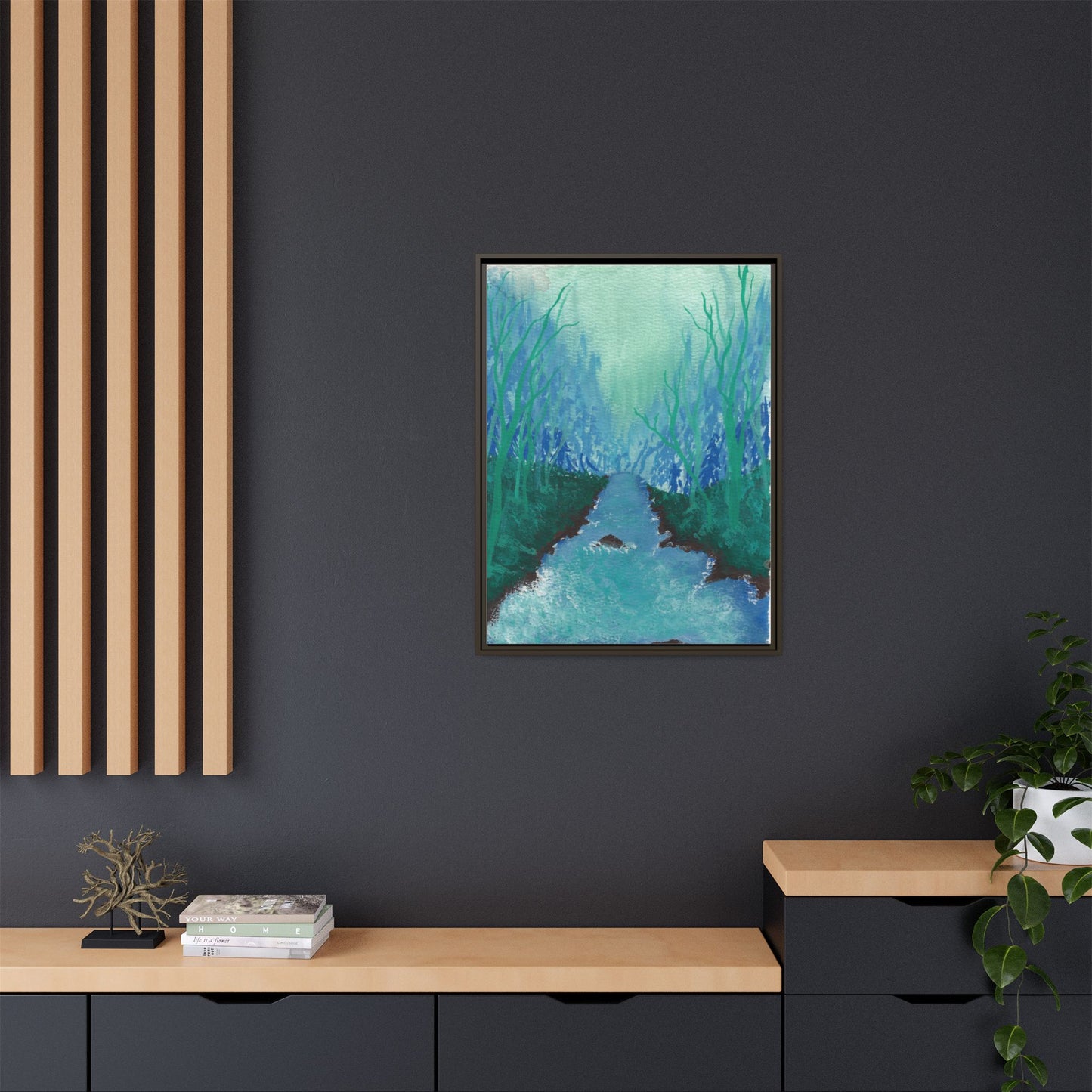 Framed Matte Canvas — Teal Forest River Landscape Wall Art
