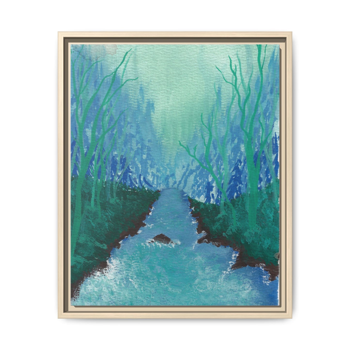Framed Matte Canvas — Teal Forest River Landscape Wall Art
