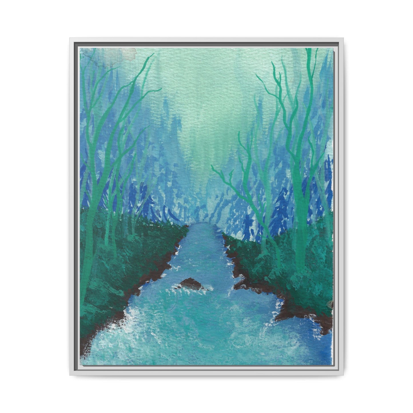 Framed Matte Canvas — Teal Forest River Landscape Wall Art