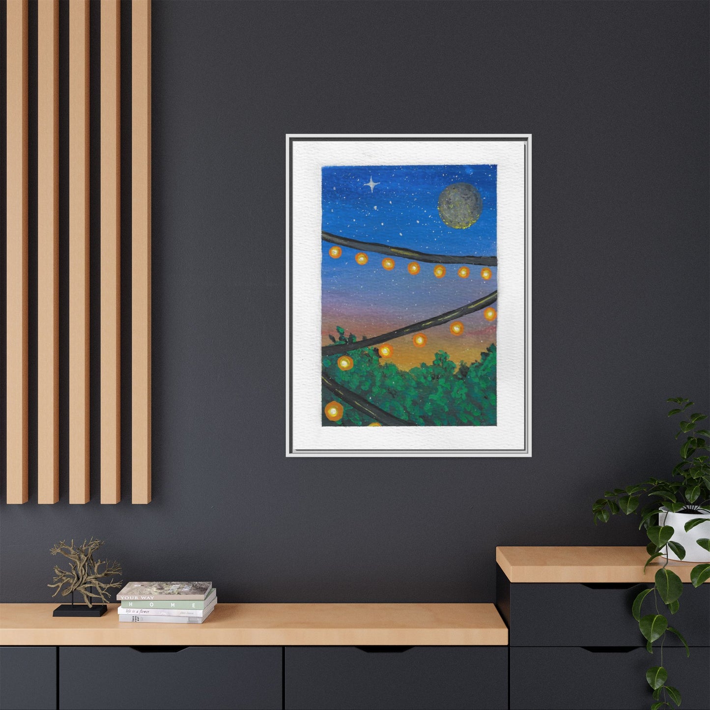 Framed Canvas Art - String Lights Night Sky Print