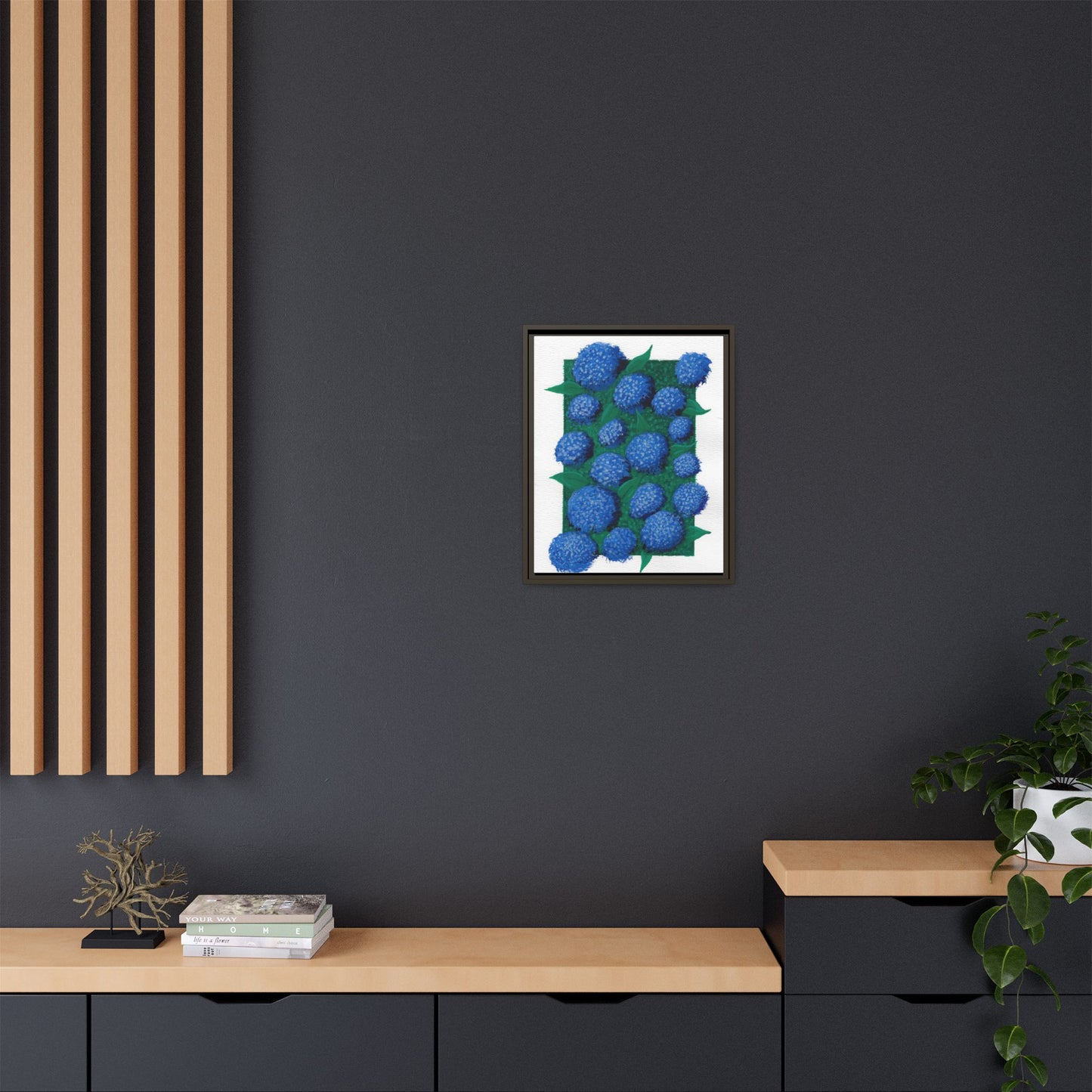 Framed Hydrangea Matte Canvas Print — Blue Floral Wall Art