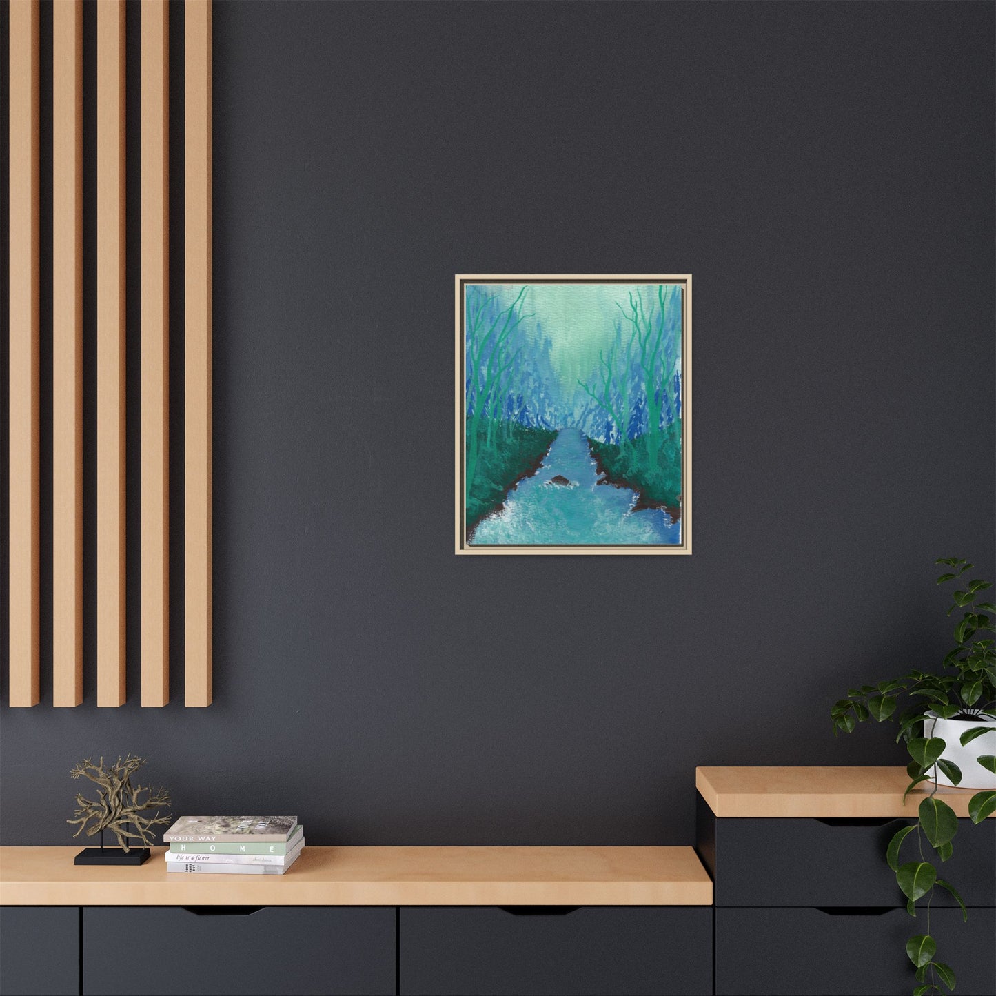 Framed Matte Canvas — Teal Forest River Landscape Wall Art