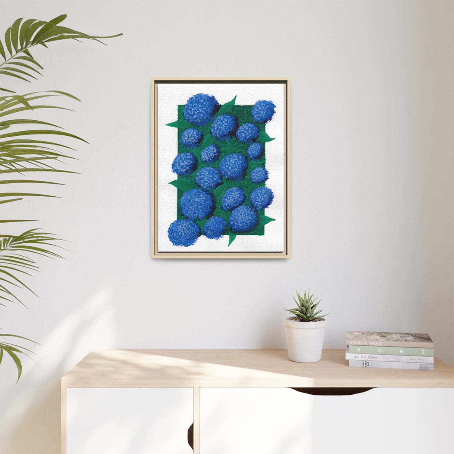Framed Hydrangea Matte Canvas Print — Blue Floral Wall Art